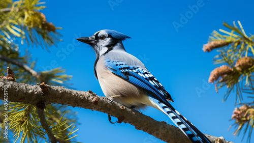 Blue Jay perched on a tree branch, AI Generative.