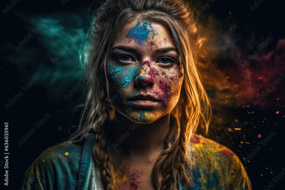 A stunning young lady with colorful powder decorating her face and body, celebrating Holi festival in India. Generative AI, AI.