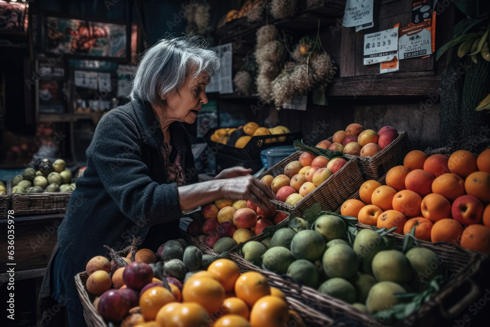 In a local grocery store, a man carefully inspects and selects a variety of fresh, colorful fruits, considering their quality and nutritional value. Generative AI, AI.