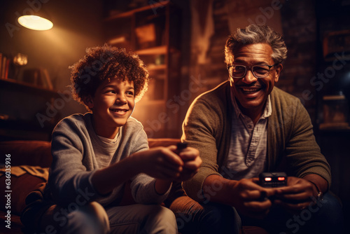 A father and his son bond over games, creating memories that will last a lifetime. Their laughter and joy fill the room. Generative AI, AI.