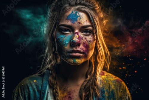 A stunning young lady with colorful powder decorating her face and body, celebrating Holi festival in India. Generative AI, AI.
