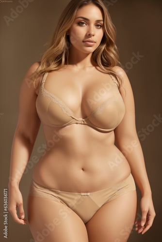 a beautiful girl in beige underwear poses for an advertisement