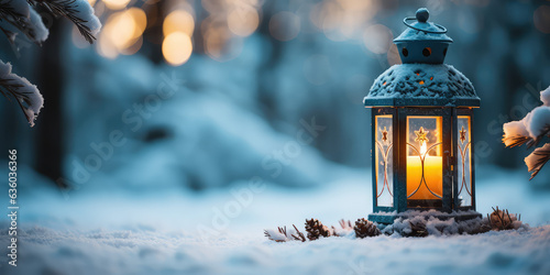 Christmas Lantern On Snow With Fir Branch in the Sunlight. Winter Decoration Background Horizontal wallpaper with copy space. 