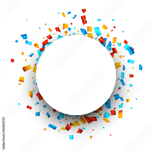 White round frame with colorful confetti.