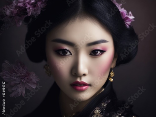 A beautiful Japanese girl with flowers in her hair on a dark background. Generative AI  AI.