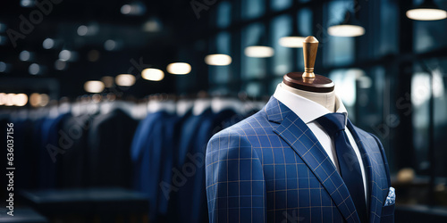 Fototapeta Men shirt in form of suits in dark navy blue colors on mannequin in tailoring room