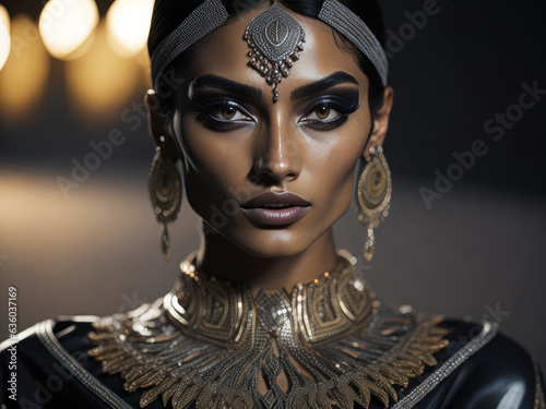 A dignified Arab woman, dressed in traditional attire, exudes a serious and composed expression. Generative AI, AI.
