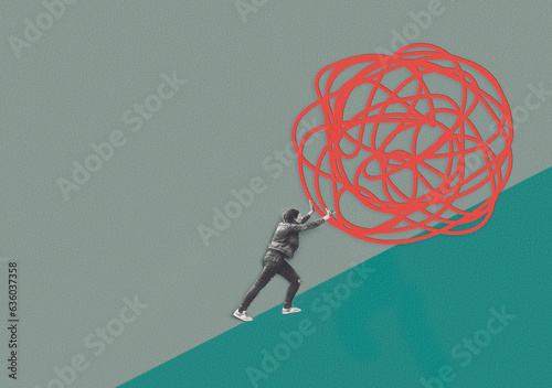 Woman balancing a large red ball. Made with paper. photo