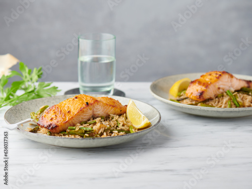 Roasted salmon fillet with rice photo