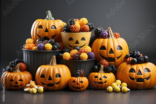 Halloween pumpkins on a table. Spooky background. Generated AI.