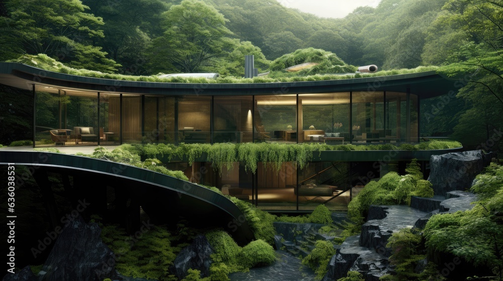 a leaf inspired house that is camouflaged into the surrounding nature