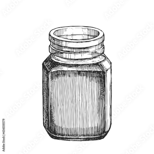 Vector hand-drawn illustration of open glass jar with sauce, jam or seasoning isolated on white. Sketch of food.