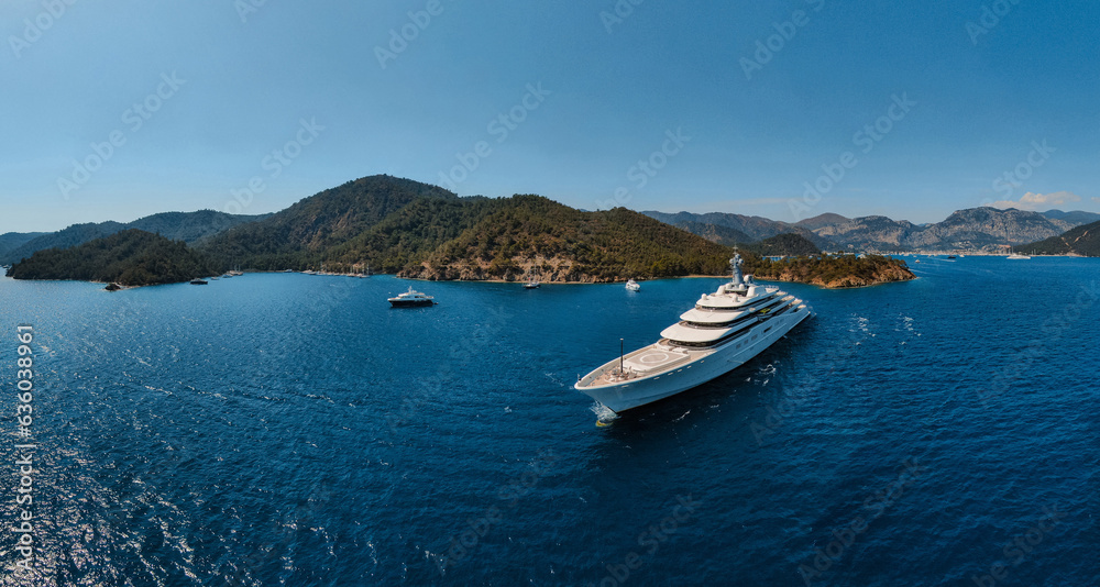 aerial panorama Of a super yacht in a natural marina aerial panorama Of a super yacht in a natural marina