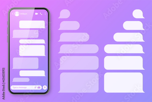 Realistic smartphone with messaging app on colorful violet background. Blank SMS text frame. Chat screen with transparent message bubbles. Social media application. Vector illustration
