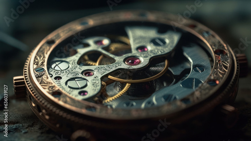 Clockwork watch mechanism macro lens, Clock mechanism with gears.