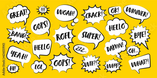 Comic speech bubbles with handwritten text. Outline, hand drawn retro cartoon stickers on yellow background. Chatting and communication, dialog elements. Pop art style. Vector illustration