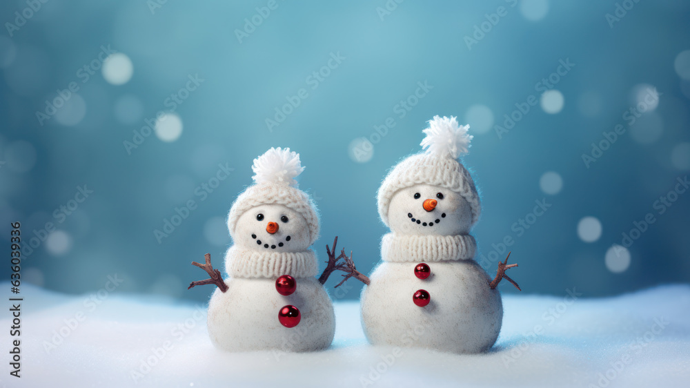 Two tiny snowmen in winter landscape against blue bokeh background.