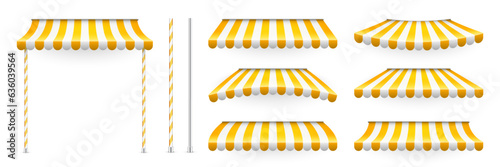 Yellow shop sunshade with stand holders. Realistic striped cafe awning. Outdoor market tent. Roof canopy. Summer street store. Vector illustration