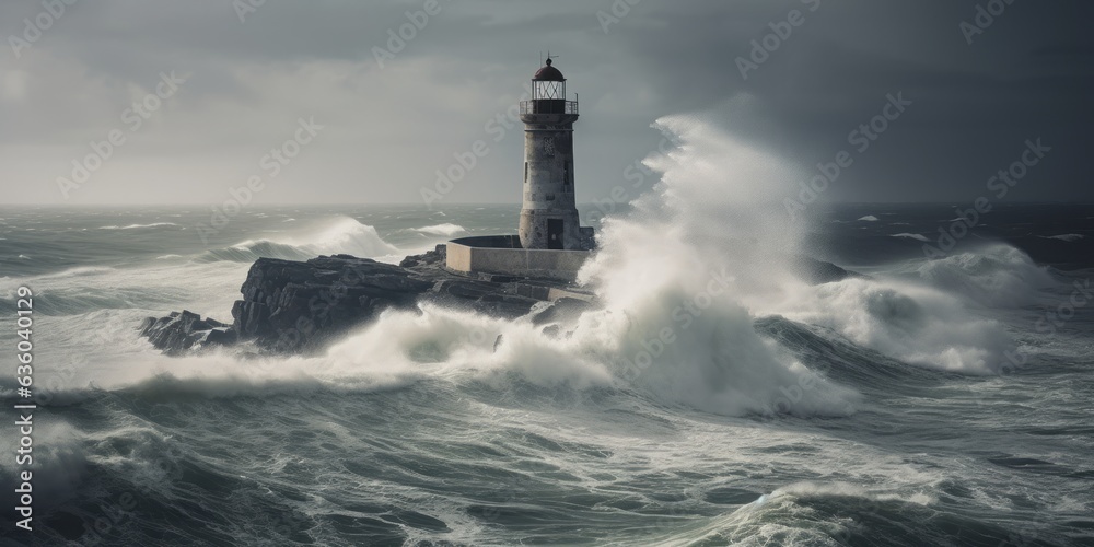  Lighthouse Amidst Stormy Sea and Wind, Guiding Sailors Through Crushing Waves Along the Rugged Shoreline, Defying the Tempestuous Coastal Elements with Its Resilience