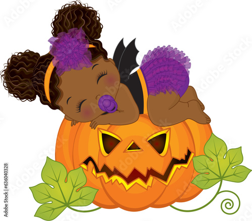 Vector Little African American Baby Girl in Halloween Costume Sleeping on Pumpkin