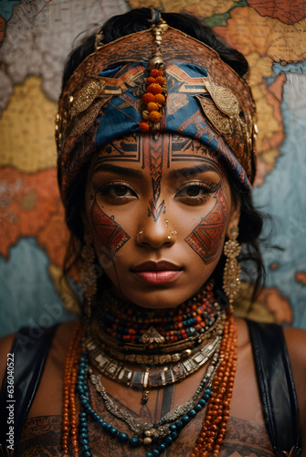 A women with her face adorned with intricate
