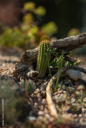 Close-up of a small cactus growing in front of a piece of tree bark
