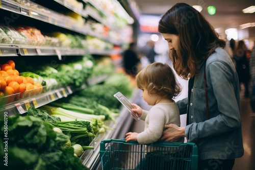 Woman with child using her phone app to shop for groceries