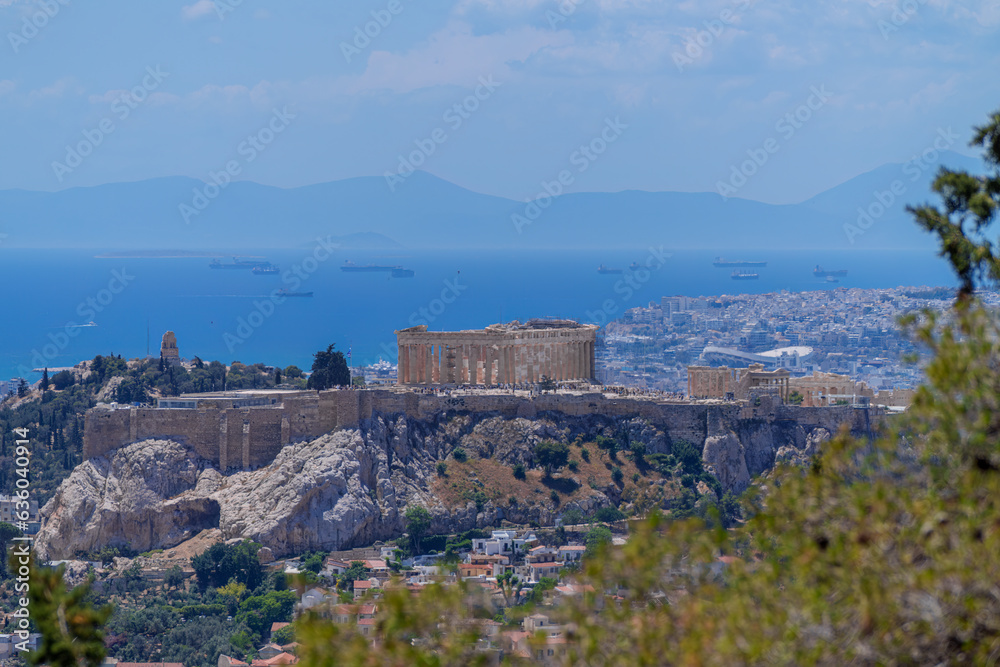 Panorama of Athens with Acropolis hill, Greece. Famous old Acropolis is top landmark of Athens. Skyline of Athens city