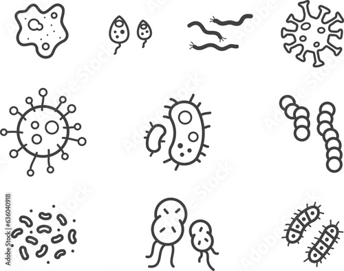 bacteria, germs, microbiome and virus vector icon set in thin line style