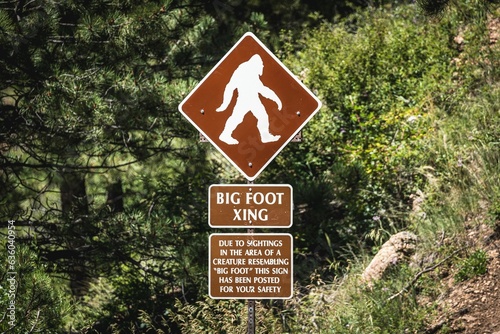 Closeup of a sign of Bigfoot in a green forest photo