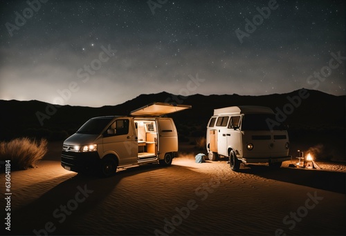 Camper van camping under starry night sky