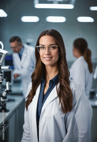 Young woman scientist in white coat and glasses with team of specialists in modern medical laboratory with copyspace