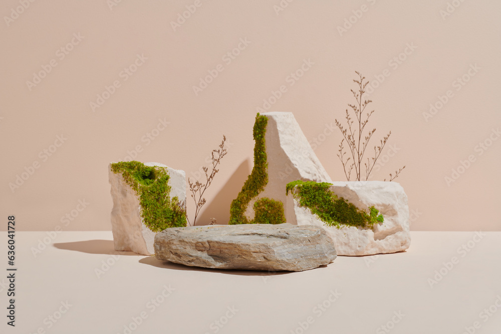 © Marc Tran/Stocksy - Composition of stone and moss on pastel background © Marc Tran/Stocksy - Composition of stone and moss on pastel background