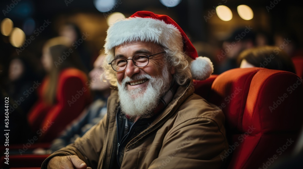 Christmas time Santa Claus with other people in a movie theater - Christmas themed stock photo