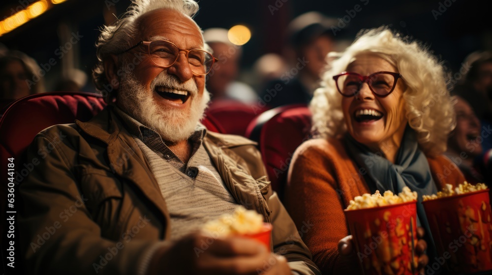 Excited Elderly couple in a movie theater - Christmas themed stock photo Excited Elderly couple in a movie theater - Christmas themed stock photo