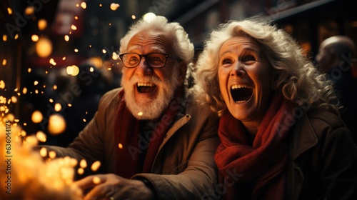 Excited Elderly couple in a movie theater - Christmas themed stock photo