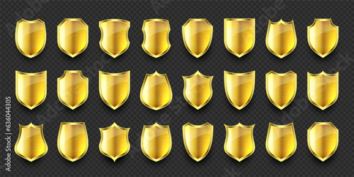 Set of various vintage 3d metal shield icons. Shiny golden heraldic shields. Black protection and security symbol, label. Vector illustration