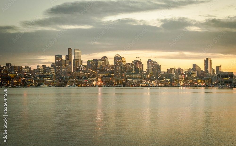 Seattle skyline against the stunning backdrop of Lake Union shimmering waters