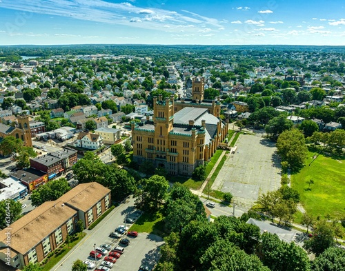 Beautiful blue sky Aerial photo of the historic Cranston Street Armory in Providence, RI