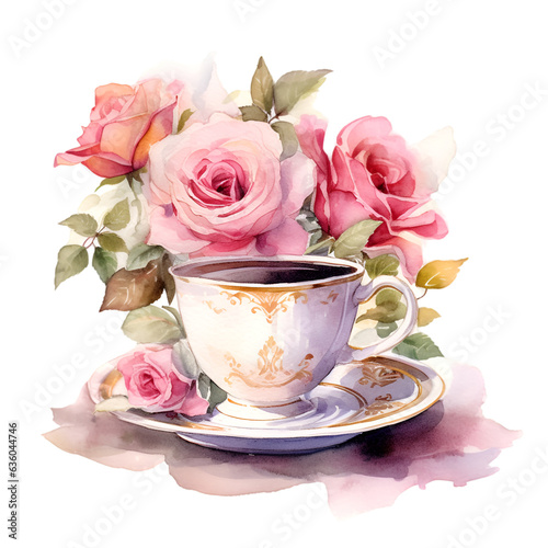 Watercolor cute cup with flowers decor illustration. Generative AI, png image.