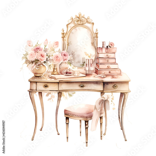 Watercolor chic interior dressing table illustration. Generative AI  png image.