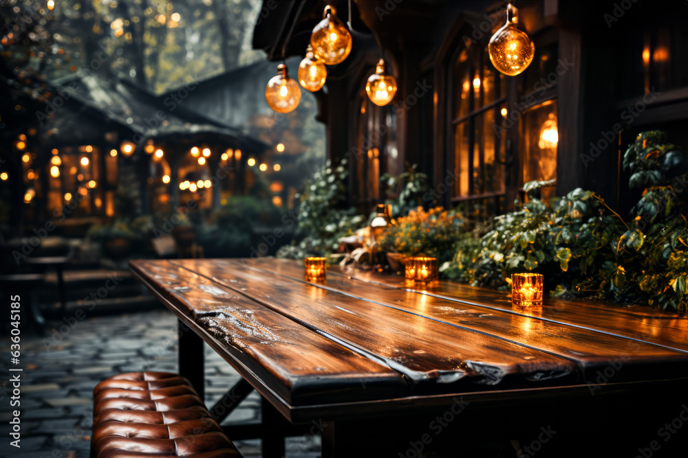 Wooden table and chairs in a cozy cafe with lanterns on the background. Generative AI