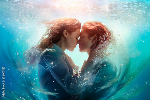 Two girls are kissing in the whirlpool of water. Love in the center of the universe