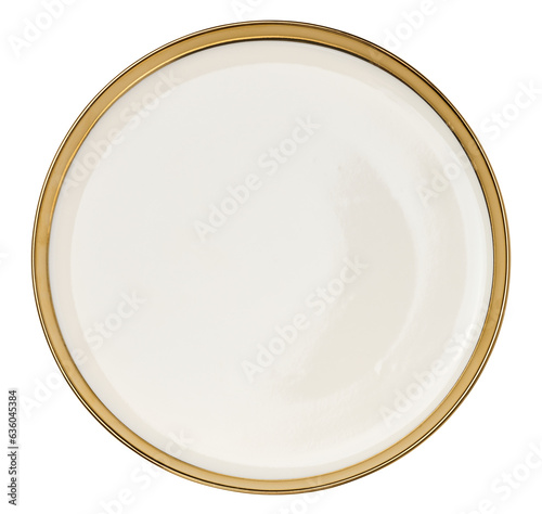 Round ceramic white plate with a gilded edge on a white isolated background, top view