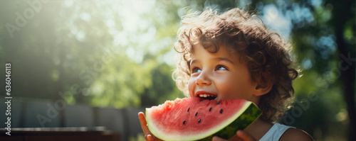 Kid is enjoying eating watermelon in sunny summer day