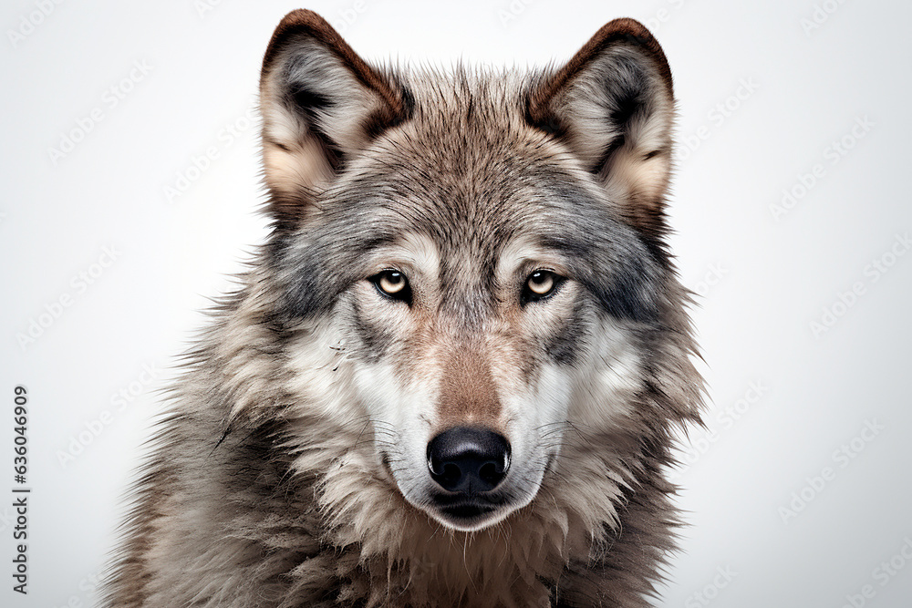 Wolf isolated on a white background close-up portrait. Studio animal photography.
