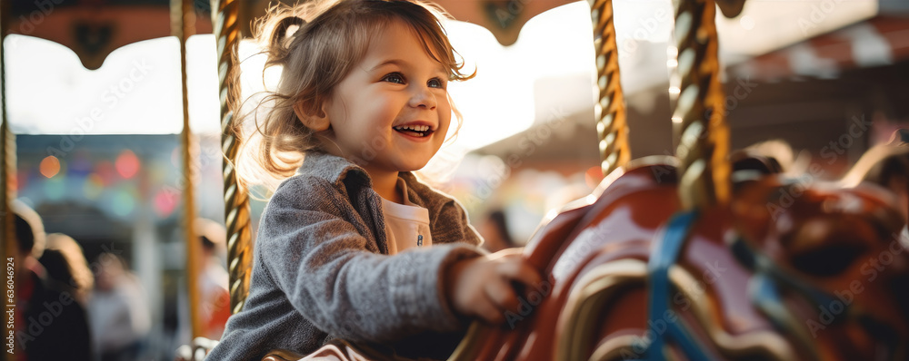happy little girl rides a carousel on a horse in a Park in summer