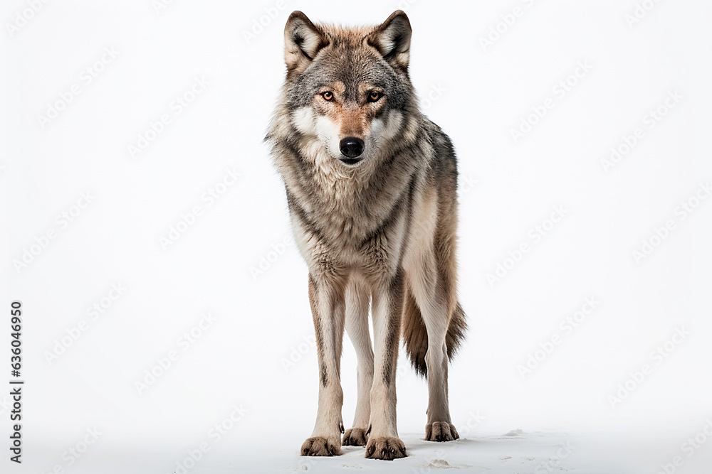 Wolf isolated on white background. Animal front view portrait.