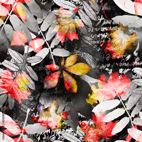 Lost old letter: collage of handwritten text and leaves drawings mix repeat seamless pattern. Digital hand drawn picture with watercolour texture. Mixed media artwork. Endless motif for textile decor