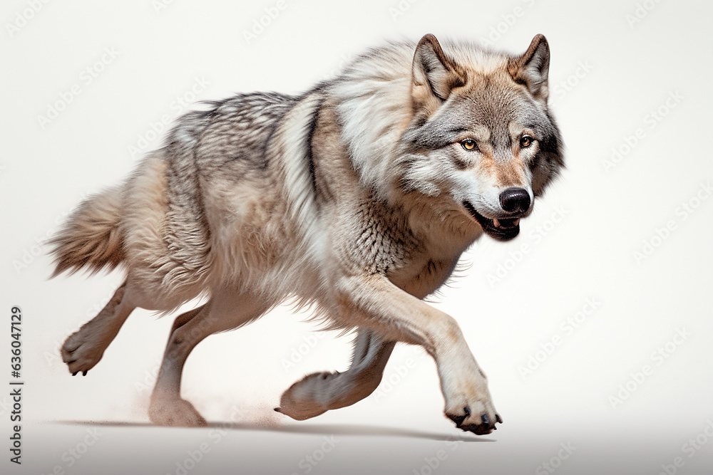 Wolf isolated on white background running. Animal side view portrait.